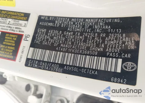 2014 Toyota Camry L z USA, uszkodzony, nr VIN 4T4BF1FK0ER368508